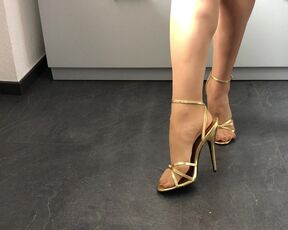 Golden Stiletto High Heels with red Nails and Stockings