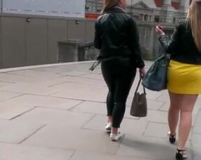 Candid hot blondes in yellow skirt and leather pants