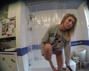 Cute Skinny Blonde Dressing in Bathroom on Spy Cam