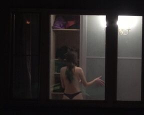 Hot teen slut strips and flashes naked in bedroom window