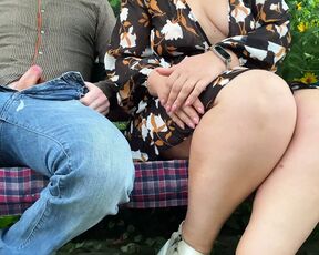 Natural breasted MILF fingers herself and gets my cum in the park