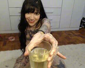 Goth Tattooed Girl Pissing in a Glass