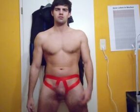 Skinny Fit guy in Red open-thong jerking off